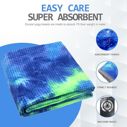 Eunzel Yoga Towel,Hot Yoga Mat Towel with Grip Dots Sweat Absorbent Non-Slip for Hot Yoga, Pilates and Workout 24" x72", Green & Blue