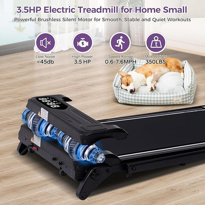 Portable Foldable Walking Pad with Handle Bar and Adjustable Incline, Under Desk Walking Pads Treadmill with Incline and Handles, 3.5HP Folding Electric Treadmills for Home Small, 0.6-7.6MPH, 350LBS