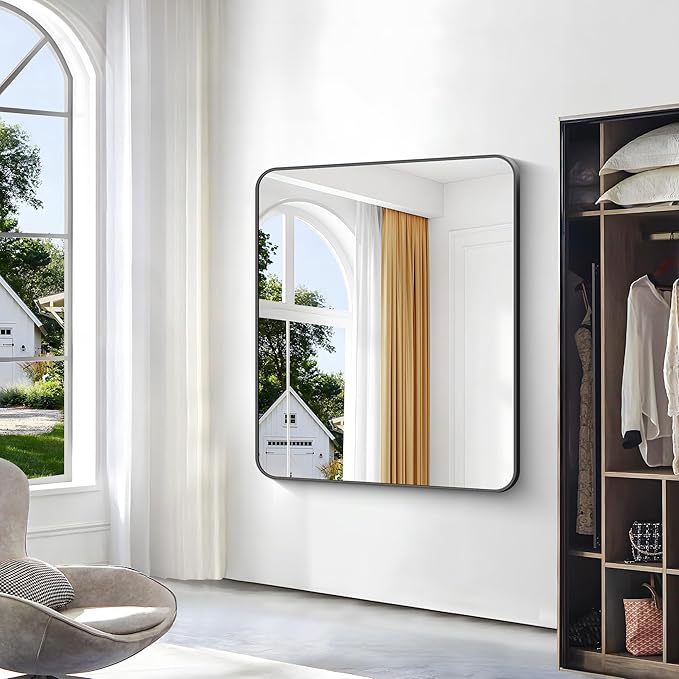 Black Bathroom Mirror,40x48 inch Wall Mirror for Bathroom Wall Mounted,Rectangle Mirror for Bathroom Over Sink,Modern Frame Round Corner for Living Room,Bedroom Entryway,Horizontal/Vertical