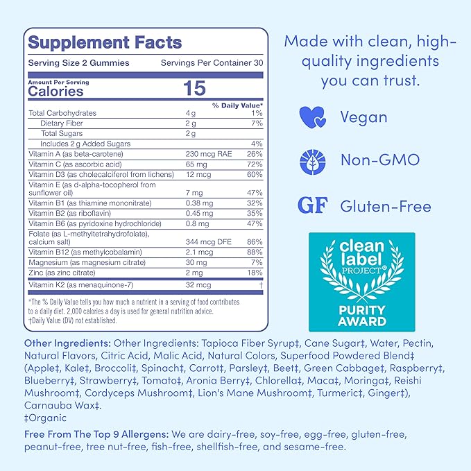 FIRST DAY Vitamins for Teens - Teen Multi Vitamins for Girls & Boys 12-17, Organic Fruit & Veggie Blend - 12 Key Nutrients: Vitamins A, B1, B2, B6, B9, B12, C, D3, E, K2-60 Day Supply