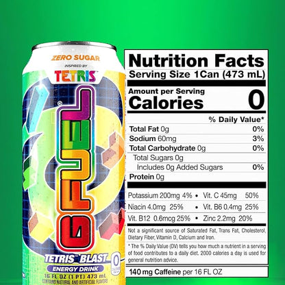 G Fuel Energy Drink, Candy Flavor, Sugar Free Beverage with 300mg Caffeine, Daily Energy Boost with Focus Amino, Vitamin + Antioxidants, 16 oz Cans (Tetris, 12-Pack)