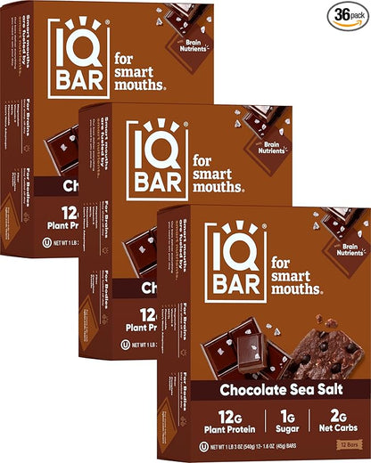 IQBAR Brain and Body Plant Protein Bars - Chocolate Sea Salt - 36-Count Low Carb - Gluten Free, High Fiber, Vegan Snacks - Low Sugar Meal Replacement