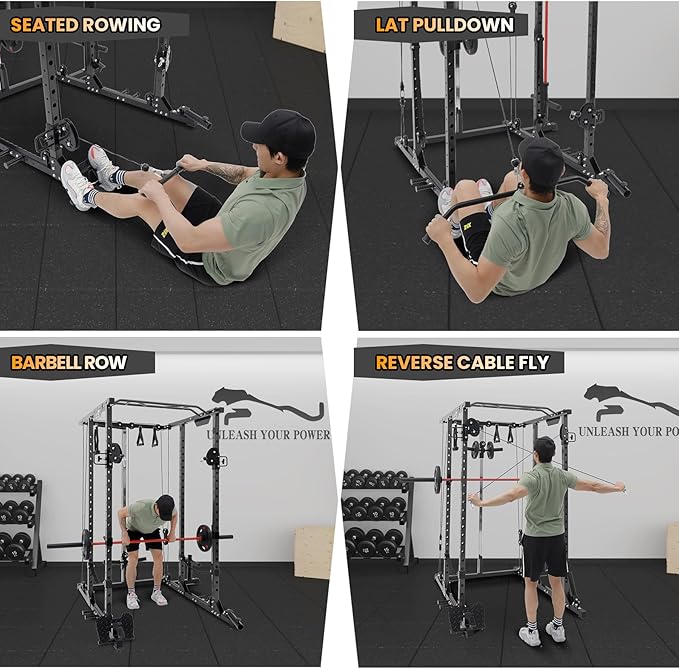 GaveeLife Power Cage, 2000 LBS Power Rack with Cable Cross-Over System, Multi-Functional Strength Training Squat Rack with LAT Pull Down System, Home Gym Equipment with Training Attachment, Red