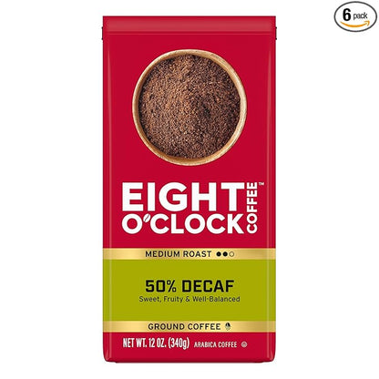Eight O'Clock Coffee 50% Decaf Ground Coffee, Medium Roast, 12 Ounce (Pack of 6) - Half-Caf Coffee, Kosher Certified