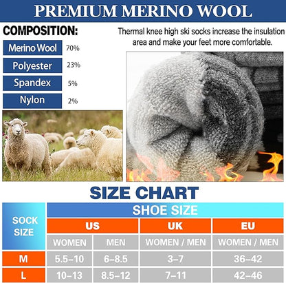 3 Pairs Merino Wool Ski Socks Thermal Warm Winter Thick Knee High Snowboarding Skiing Socks for Women Men