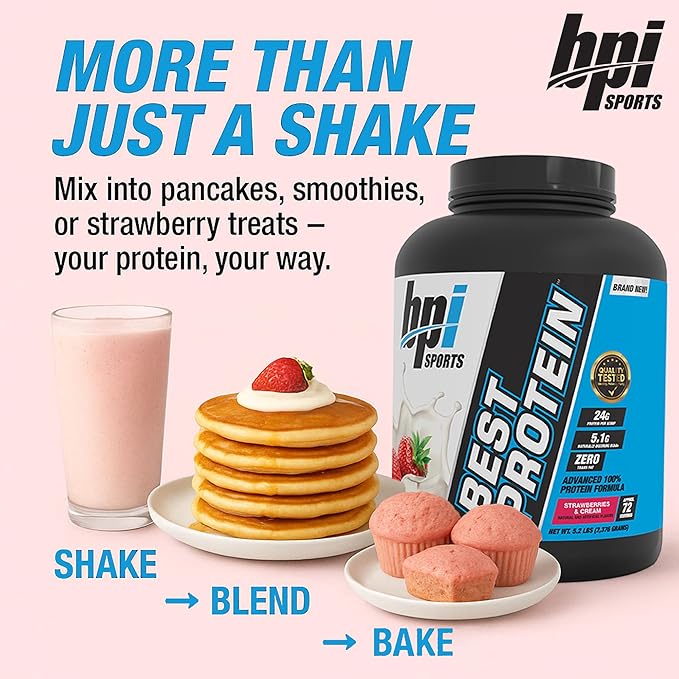 BPI Sports Best Protein – 100% Whey Protein Powder – Muscle Growth, Recovery, Meal Replacement – No Maltodextrin, No Fillers, Gluten Free – for Men & Women | Strawberries and Cream – 5.2 Pounds