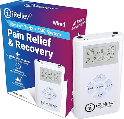 iReliev TENS + EMS Combination Unit Muscle Stimulator for Pain Relief & Arthritis & Muscle Strength with Backlit Display