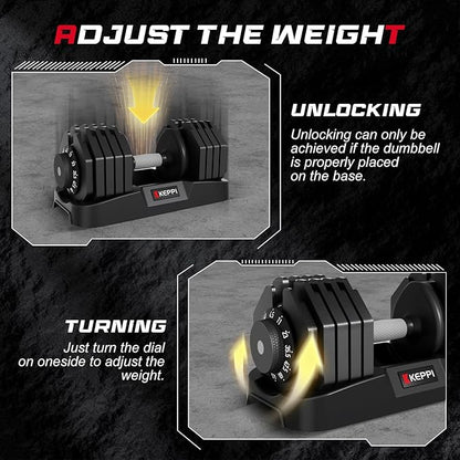 Keppi Adjustable Dumbbells Set-25lb/40lb/55lb/60lb, Anti-Slip Metal Fast Adjust Weight Handle, Exercise & Fitness for Full Body Workout - Adjustable Dumbbell Series