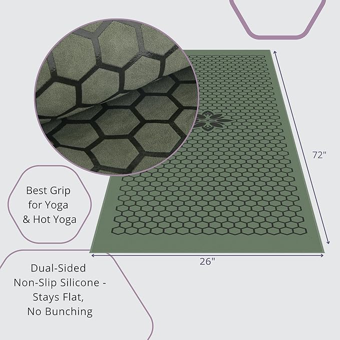 Clever Yoga Non-Slip Hot Yoga Towel – Non-Slip Grip for Hot Yoga, Sweat Absorbent, Honeycomb Silicone Grip, Stays Flat – Ideal for Pilates, Travel, Washable & Lightweight - Olive
