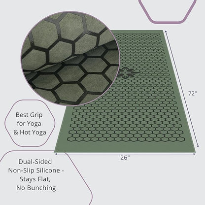 Clever Yoga Non-Slip Hot Yoga Towel – Non-Slip Grip for Hot Yoga, Sweat Absorbent, Honeycomb Silicone Grip, Stays Flat – Ideal for Pilates, Travel, Washable & Lightweight - Olive