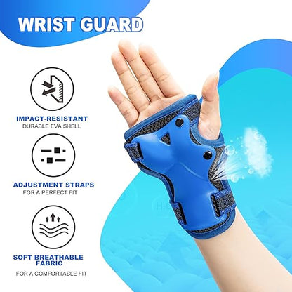 2PM SPORTS Knee Pads for Kids, Wrist Guards Knee and Elbow Pads Set with Drawstring Bag, Protective Gear Set for Girls Boys Roller Skating Cycling Skateboard - Blue Small