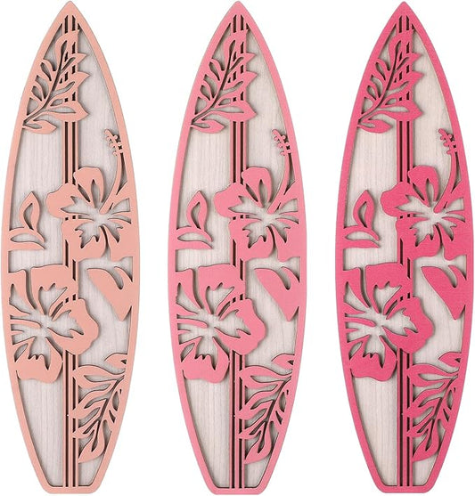 3 Pieces Hibiscus Surfboard Decor for Bedroom Wooden Beach Wall Decor Summer Wood Surfboard Wall Hanging Sign for Tropical Living Room Decoration(Pink)