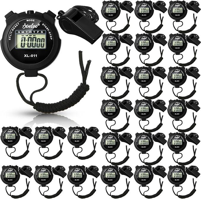48 Pcs Digital Stopwatch Timer Plastic Whistle Bulk for Sports Coaches Referee Waterproof Watch Timer Whistle with Lanyard Multi Function Electronic Fitness Date Alarm (Black)
