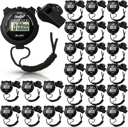 48 Pcs Digital Stopwatch Timer Plastic Whistle Bulk for Sports Coaches Referee Waterproof Watch Timer Whistle with Lanyard Multi Function Electronic Fitness Date Alarm (Black)