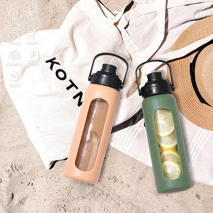 Kodrine Water Bottle with Straw, 24 oz Glass water Bottle with 2 Lids Bamboo Straw Lid and Spout Lid with Handle, 32 oz Clear Water Bottle Glass for Sports Travel, Waterbottle with Time Marker