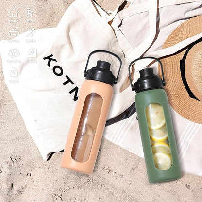 Kodrine Water Bottle with Straw, 24 oz Glass water Bottle with 2 Lids Bamboo Straw Lid and Spout Lid with Handle, 32 oz Clear Water Bottle Glass for Sports Travel, Waterbottle with Time Marker