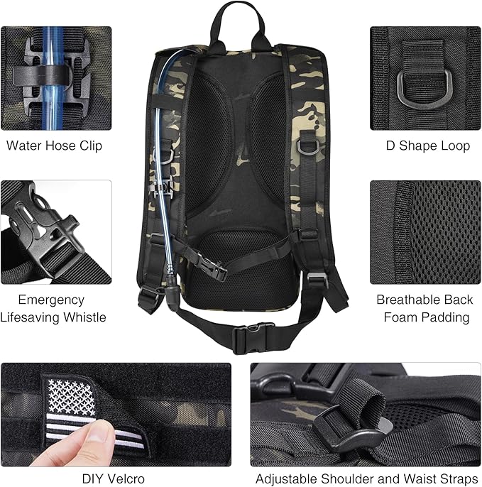 GENILU Tactical Hydration Backpack with 3L Water Bladder, Lightweight Molle Water Backpack Daypack for Men Women