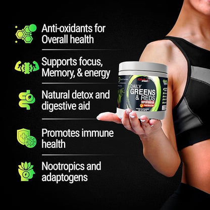GMU SPORT Daily Greens and Reds, Super Greens Powder, 42 Superfoods, Probiotics, Adaptogens, Antioxidants for Gut Health, Superfood Powder for Mental Focus, Organic Greens Powder - Peach Berry Flavor