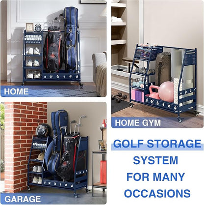 Lauren&Harold Golf Bag Organizer Garage Storage, Golf Storage Rack Stand Fits 2 Golf Bags, Golf Clubs and Other Golfing Equipment Accessories, Golf Organizer for Garage, Club, Shed, Basement
