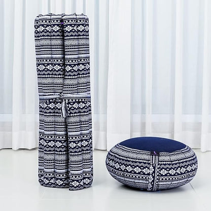 Leewadee Meditation Cushion Set – 1 Round Zafu Meditation Pillow and 1 Square Roll-Up Zabuton Meditation Mat, Pillows Bundle Filled with Kapok