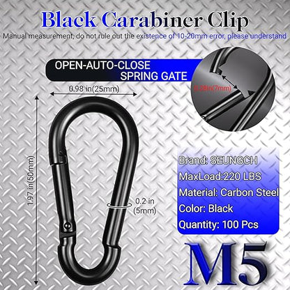 100Pcs 1.97" Spring Snap Hook Carabiners, M5 Galvanized Steel Black Small Carabiner Clip, Keychain Clip, Quick Link Key Chain for Hammock Swing Set Outdoor Travel, Camping, Fishing, Hiking