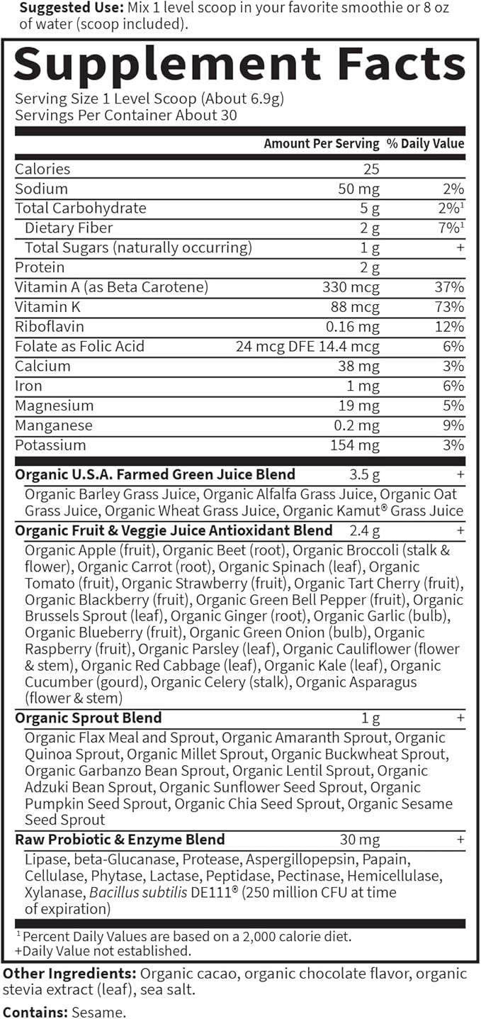 Garden of Life Raw Organic Perfect Food Green Superfood Juiced Greens Powder - Chocolate, 30 Servings - Non-GMO, Gluten Free, Vegan Whole Food Dietary Supplement, Plus Probiotics & Enzymes