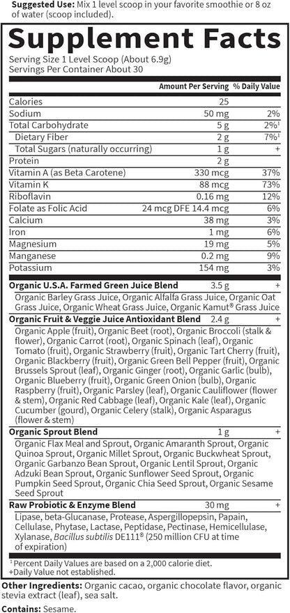 Garden of Life Raw Organic Perfect Food Green Superfood Juiced Greens Powder - Chocolate, 30 Servings - Non-GMO, Gluten Free, Vegan Whole Food Dietary Supplement, Plus Probiotics & Enzymes