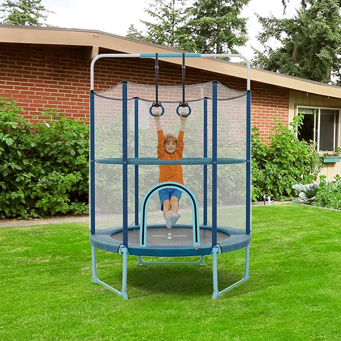 GYMAX 5FT Trampoline for Kids, ASTM Approved with Safety Net & Kitten Trapeze Rings, Indoor/Outdoor
