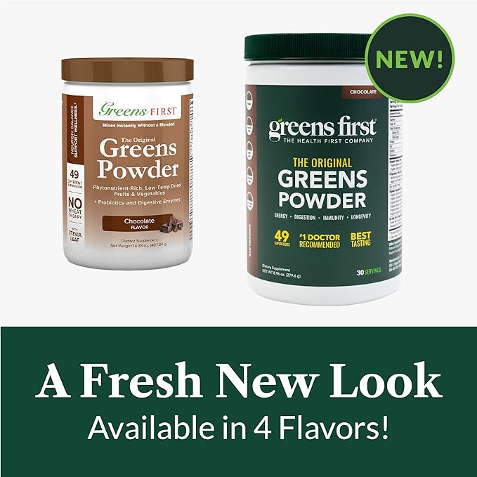 Greens First Original Greens Powder - 49 Superfoods - Organic Fruits & Veggies - Prebiotics, Probiotics & Digestive Enzymes - Antioxidant Smoothie - Dairy Free, Vegan, Non-GMO (Chocolate, 30 Servings)