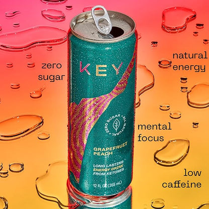 KEY Ketone Energy Drink : Sugar Free, 80mg Low Caffeine, All Natural, 11.5g Ketones, Long Lasting Energy, Green Tea & L-Theanine for Mental Focus, Grapefruit Peach (Pack of 12)