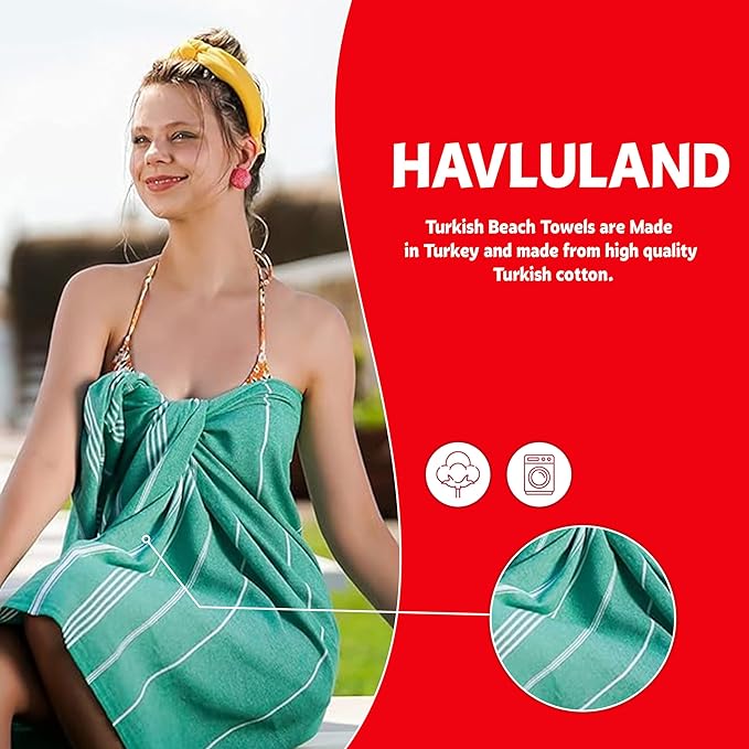 HAVLULAND Luxury Turkish Beach Towel - 100% Organic Cotton, Ultra-Soft, Quick-Dry & Sand-Free - Large, Lightweight & Absorbent for Travel & Pool Blanket