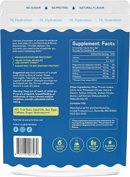 Hi-Lyte Nutritional Boost - Electrolytes + Protein Quick Sticks - Raspberry Lemon - Hydration + Whey Protein Powder Packets - 5g Protein, Electrolytes, No Sugar, Keto Friendly