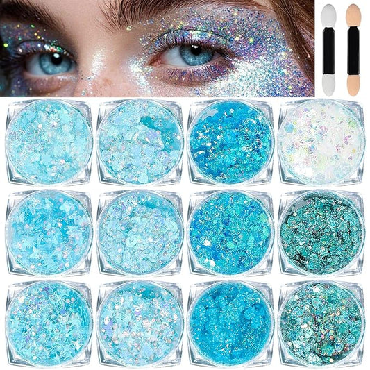 Body Glitter Face Glitter, Hair Glitter for Kids, 12 Shapes Fine Chunky Glitter Gel for Women Girls Makeup Sparkles Party Mermaid Sequins Rave Accessories Singer Concerts Festival (Blue Scheme)