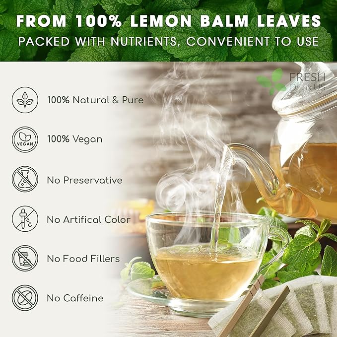 FreshDrinkUS, Premium 120 Lemon Balm Leaf Tea Bags, 100% Natural & Pure from Lemon Balm Leaves. Loose Leaf Lemon Balm Herbal Tea. Lemon Balm Leaf Tea. No Sugar, No Caffeine, No Gluten, Vegan. Lemon Balm Tea