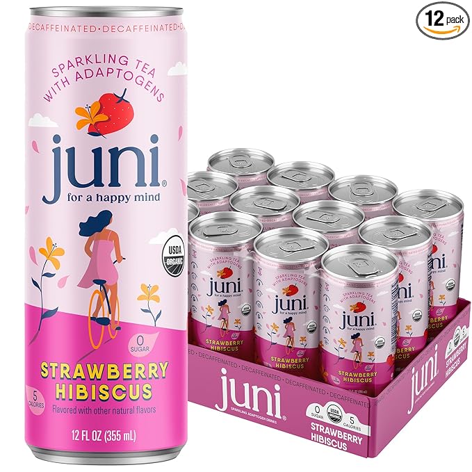 Juni Sparkling Adaptogen Drink with Ashwagandha, Lion’s Mane & Reishi Mushrooms | Green Tea for Focus, Zero Sugar, 5 Calories | Decaffeinated, Non Alcoholic Drinks - Strawberry Hibiscus 12 pack