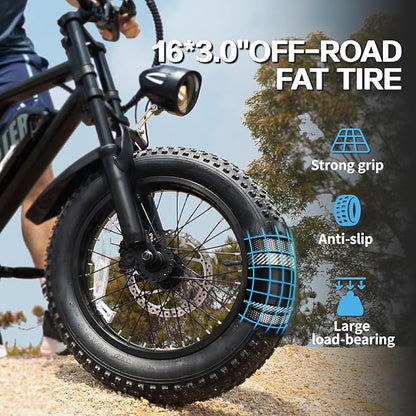 Electric Bike, 16'' Fat Tire eBike for Teens/Adults, 500W E-Bike with 36V/12.8Ah Removable Battery, 22MPH 45 Mile Range Commuting Electric Mountain Bike with Dual Dual Brakes