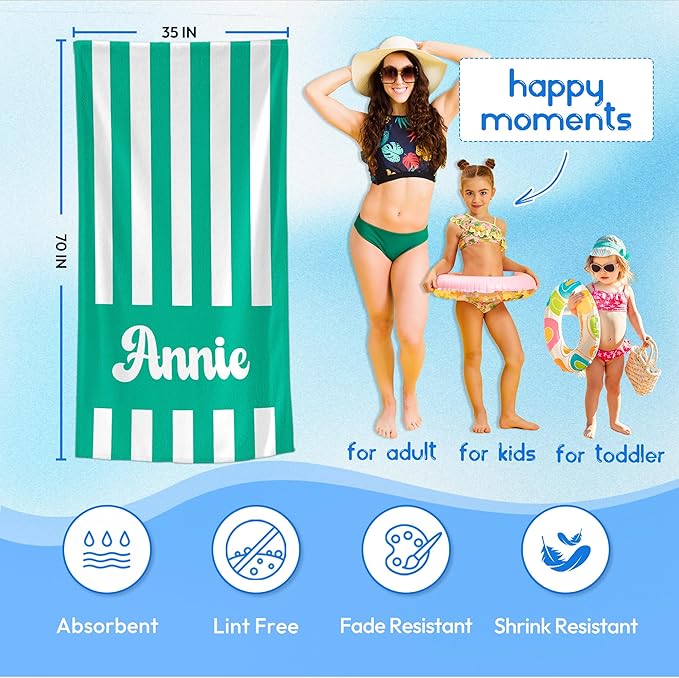 JML Personalized Beach Towel with Name, Custom Cabana Stripe Beach Towel, Customized Microfiber Pool Towel, Quick Dry & Absorbent Swim Towel for Adult,Mother's Day, Birthday, Summer Holiday,Vacation