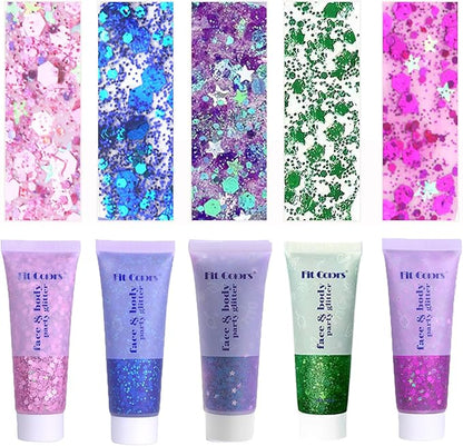Face Body Glitter, Hair Glitter Sparkles Chunky Face Glitter Gel for Girls Makeup Singer Concerts Mermaid Festival Sequins Face Paint (Pink+Blue+Purple+Green+Rose)