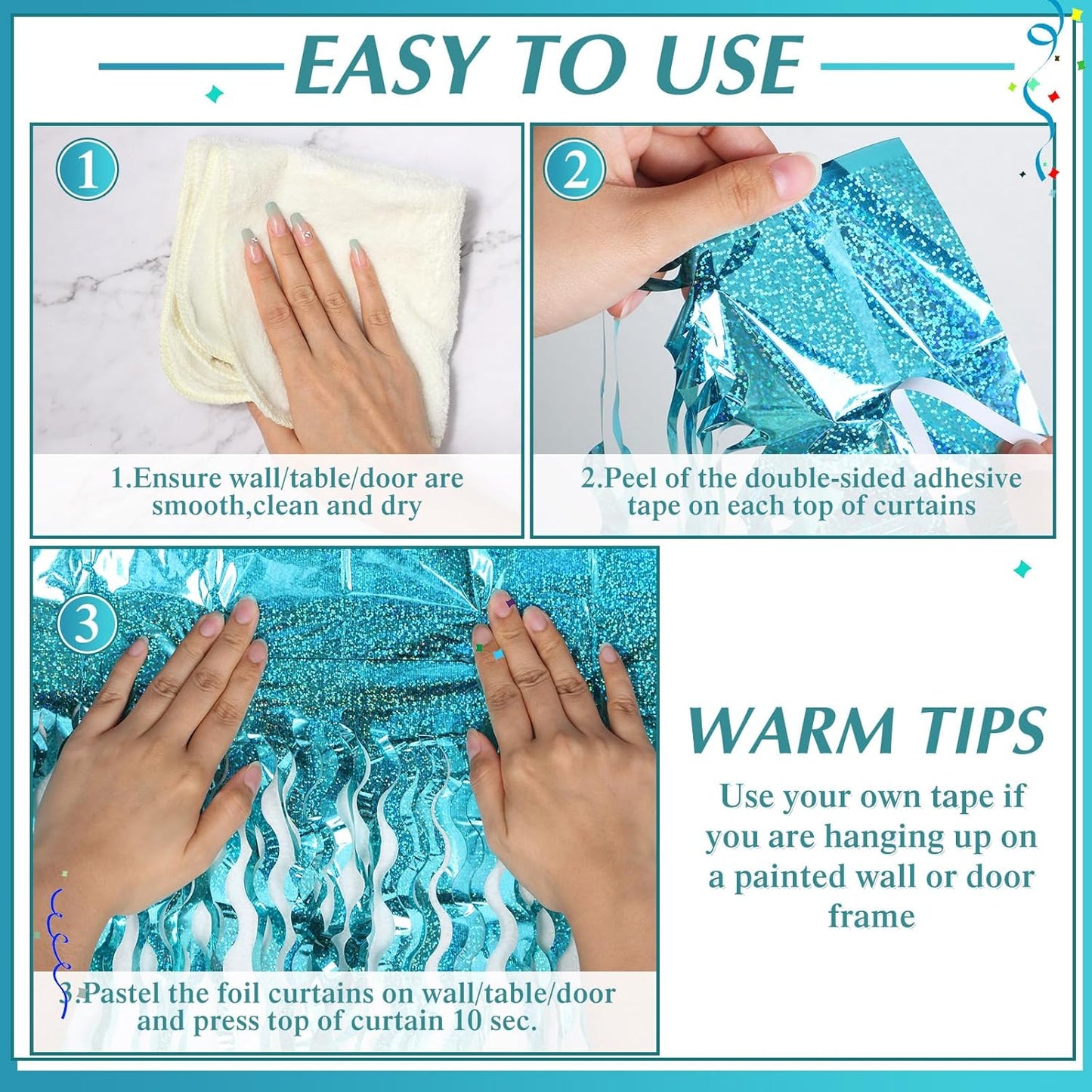 10 Pieces 3.3 x 6.6 Ft Foil Fringe Backdrop Party Wavy Tinsel Fringe Curtain Streamer for Happy New Year Carnival Party Favor 80s 90s Disco Ocean Sea Mermaid Birthday Wedding(Blue Green)