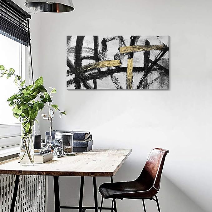 Black White and Gold Wall Art, Modern Paintings Abstract Graffiti Canvas Prints Artwork Black Grey Wall Pictures for Living Room Bedroom Bathroom Home Office Decor 20x40 In