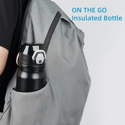 Insulated Water Bottle with Straw and Carry Loop,18 oz Stainless Steel Double Wall Vaccum Metal Water Flask with Leak-proof Lid,Black