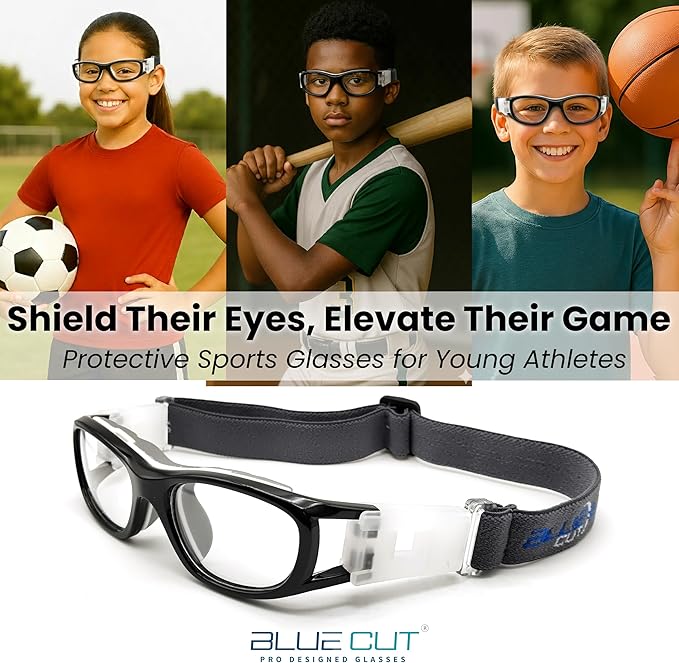 BLUE CUT Safety Basketball Goggles For Kids for Outdoor Sports Activities Anti Fog Replaceable to Prescription Lenses