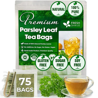 FreshDrinkUS, Premium 75 Parsley Leaf Tea Bags, 100% Natural & Pure from Parsley Leaves. Loose Leaf Parsley Herbal Tea. Made with Natural Material Tea Bags. No Sugar, No Caffeine, No Gluten, Vegan.