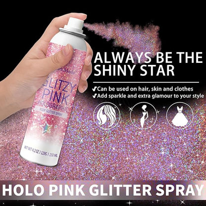 Hair Glitter Body Glitter Spray, 150ML Glitter Hairapray Holographic Pink Glitter Spray for Hair and Boday, Hair Glitter for Kids Women, Body Shimmer Festival Rave and Makeup 4.2 Fl Oz