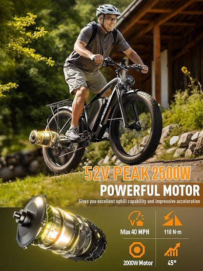 Ebike for Adults Electric, 52V 19.2Ah/32Ah, Peak 2000W/2500W E-Bike, 36/40MPH, 70 Miles/100Miles Long Range, Hydraulic Disc Brake, Off Road Snow Mountain E-Bike, 24"/26" Fat Tire Fast Electric Bicycle