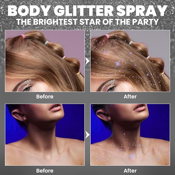 Glitter Spray for Hair and Body, Silver Body Glitter Spray, Quick-Drying and Waterproof Glitter Hairspray, Nozzles are not Easily clogged, Long-Lasting for Stage Makeup, 3.38 oz