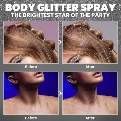 Glitter Spray for Hair and Body, Silver Body Glitter Spray, Quick-Drying and Waterproof Glitter Hairspray, Nozzles are not Easily clogged, Long-Lasting for Stage Makeup, 3.38 oz