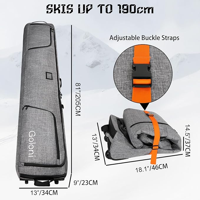 Goloni Ski Bag with Wheels,Padded Snowboard Bag for Air Travel,600D Waterproof Fabric,Foldable Snow Bag Fits 2 Pairs Skis