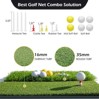 Golf Net, 10x7ft Heavy Duty Golf Practice Nets with Mat, Target Cloth, 8 Tees, 6 Balls, Carry Bag for Backyard Driving Chipping Indoor Outdoor Training