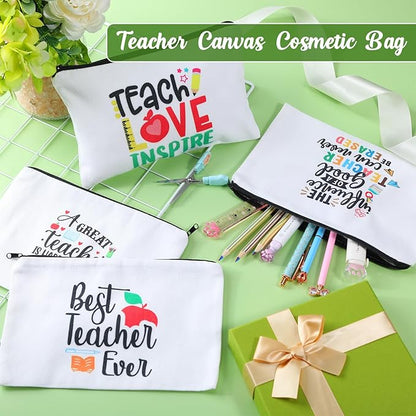 12 Pcs Teacher Gifts Makeup Bags Teacher Appreciation Travel Toiletry Canvas Cosmetic Pencil Survival Kit Bag for Women Zipper Pouch Bag Thank You Gifts Bulk (Warm Words)